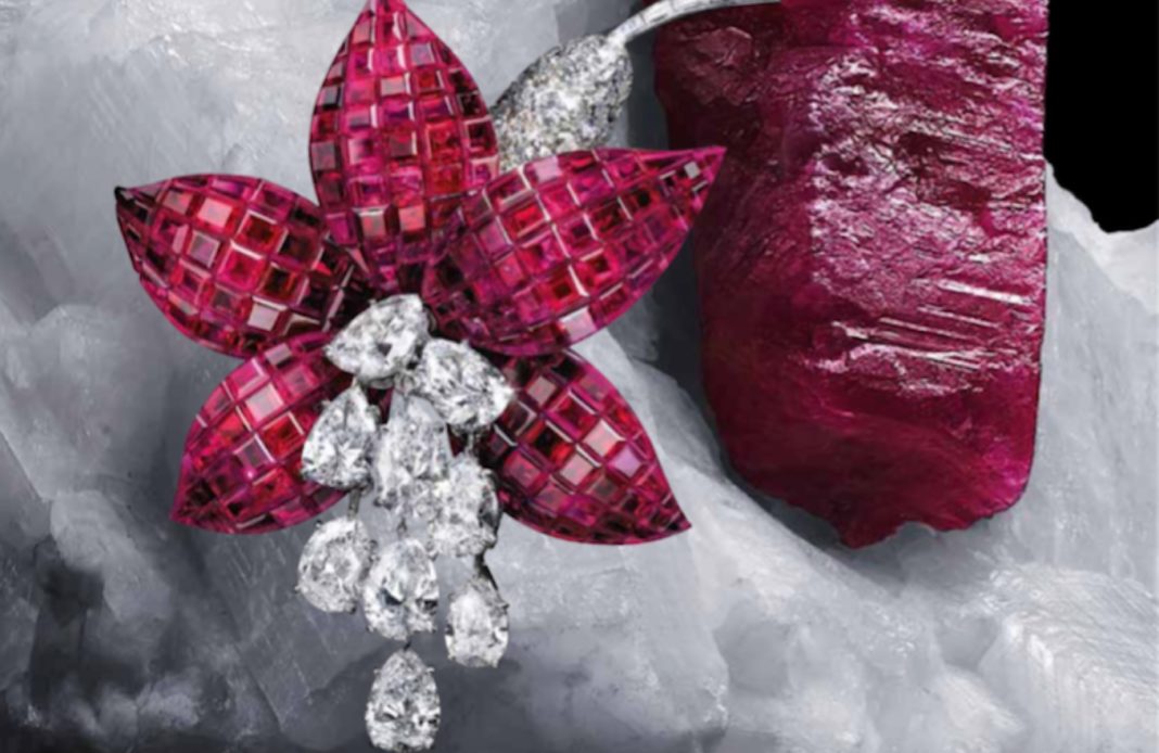 Clip Fuchsia, 1968 Platine, or jaune, Serti Mystérieux rubis, diamants Collection Van Cleef & Arpels