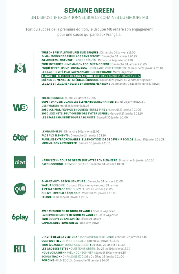 Semaine green - Groupe M6 - 2021 - programme -
